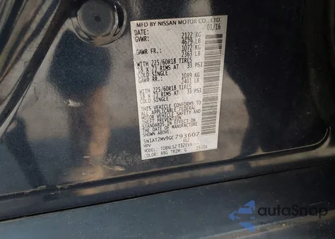 2016 Nissan Rogue S z USA, uszkodzony, nr VIN 5N1AT2MV9GC793607